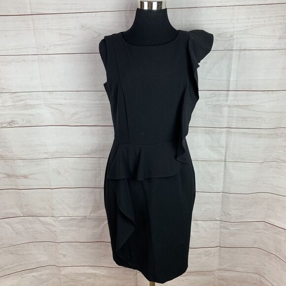 Calvin Klein Dress Black 8 Medium Ruffle Bodycon Formal Classic Zipper Career - Picture 2 of 16